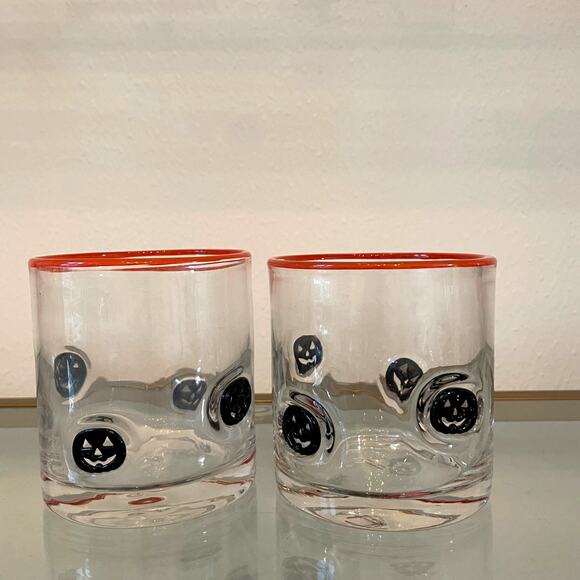 Set of 4 PUMPKIN Double Old Fashioned Glasses 4" Orange Black Halloween Barware - Picture 2 of 12